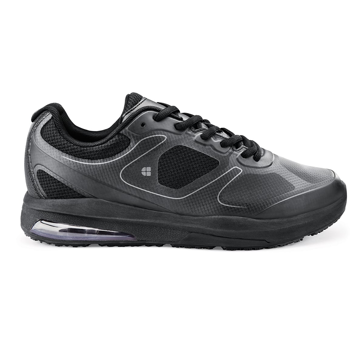 The Evolution II Black from Shoes For Crews are slip-resistant and water-resistant trainers, seen from the right.
