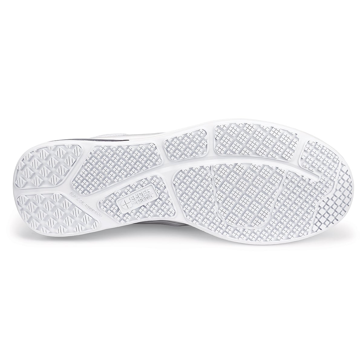 The Evolution II White from Shoes For Crews are slip-resistant and water-resistant trainers, seen from below.