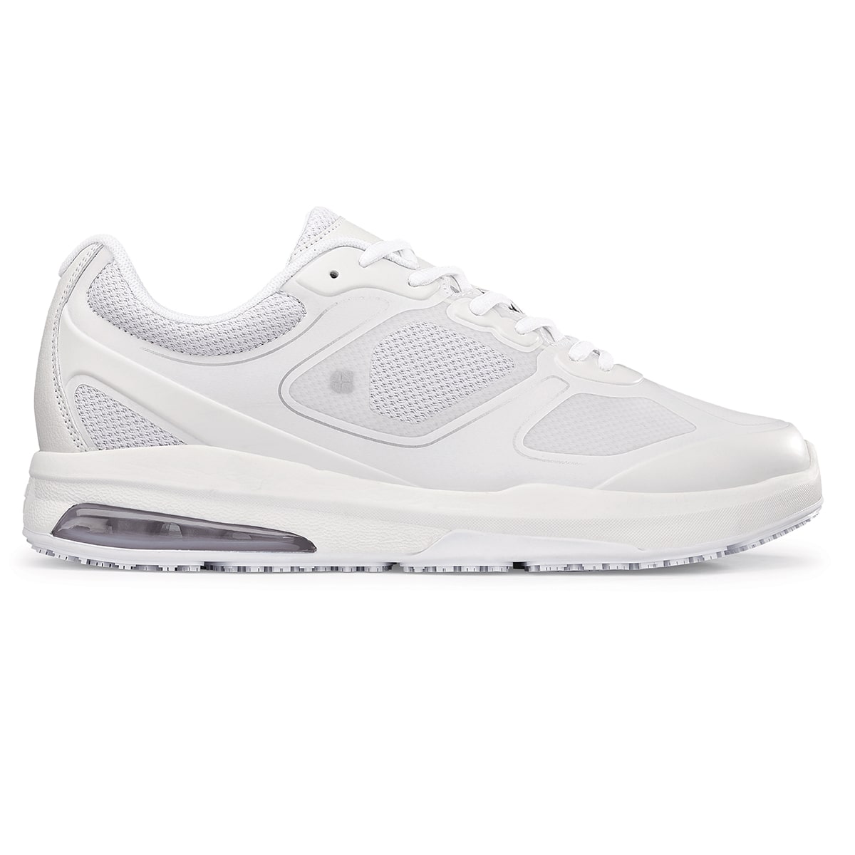 The Evolution II White from Shoes For Crews are slip-resistant and water-resistant trainers, seen from the right.