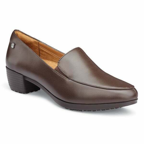 The Envy III Brown from Shoes For Crews is a slip-resistant shoe made with a durable, water-resistant leather upper, seen from the right profile.