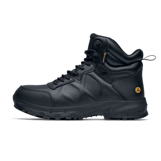 The Callan Mid O2 SRC CI HI ESD safety boot has TripGuard technology, waterproof materials and a durable slip-resistant outsole, seen from the left.