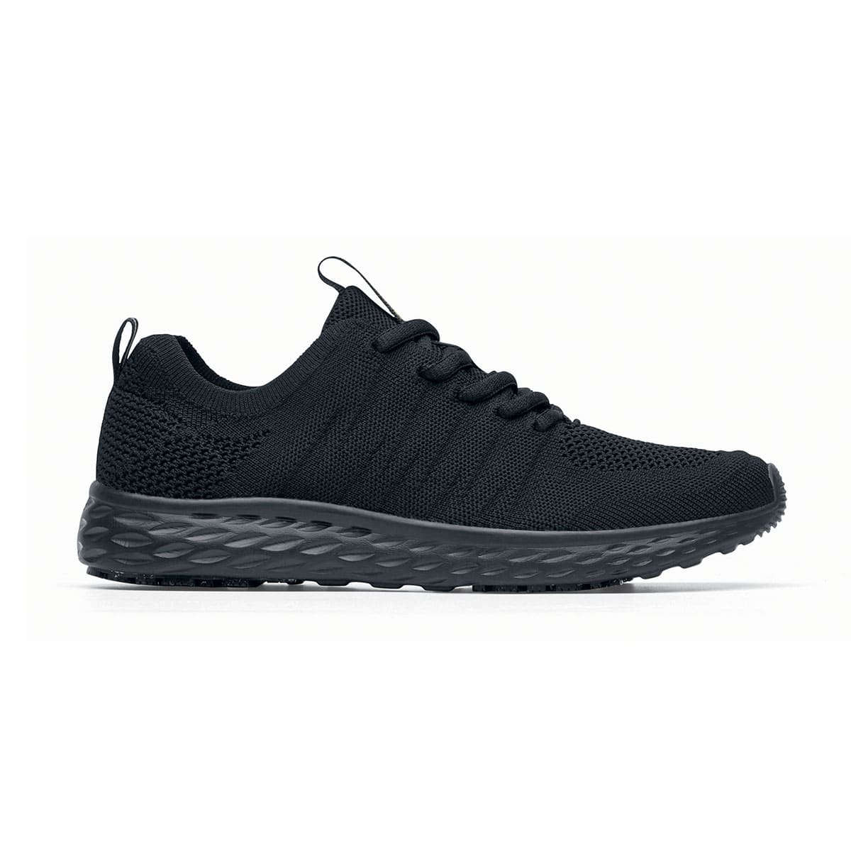 The Everlight™ Eco Men's Black from Shoes For Crews are slip-resistant trainers built with a recycled mesh upper that is water-resistant and breathable. Designed to keep your feet cool and ventilated, seen from the right.