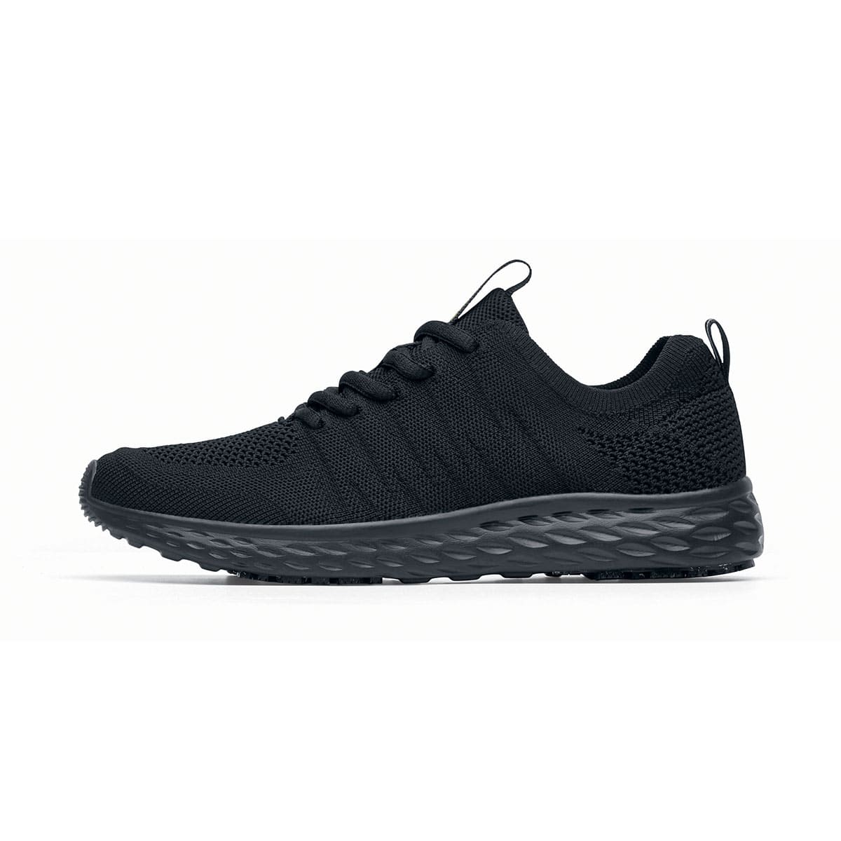 The Everlight™ Eco Men's Black from Shoes For Crews are slip-resistant trainers built with a recycled mesh upper that is water-resistant and breathable. Designed to keep your feet cool and ventilated, seen from the left.