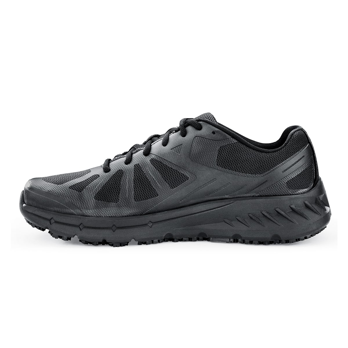 The Endurance II from Shoes For Crews is a slip-resistant shoe that features a Spill Guard to help keep out liquids, TripGuard and Flex Tread, seen from the left.