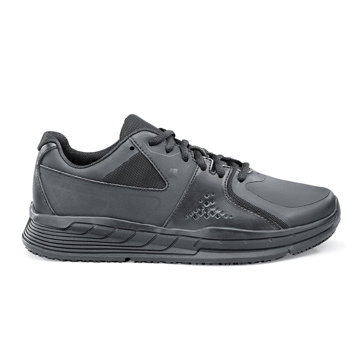 The Condor Women's Black from Shoes for Crews is a slip-resistant shoe with laces, with additional padding and a removable cushioned insole, seen from the right.