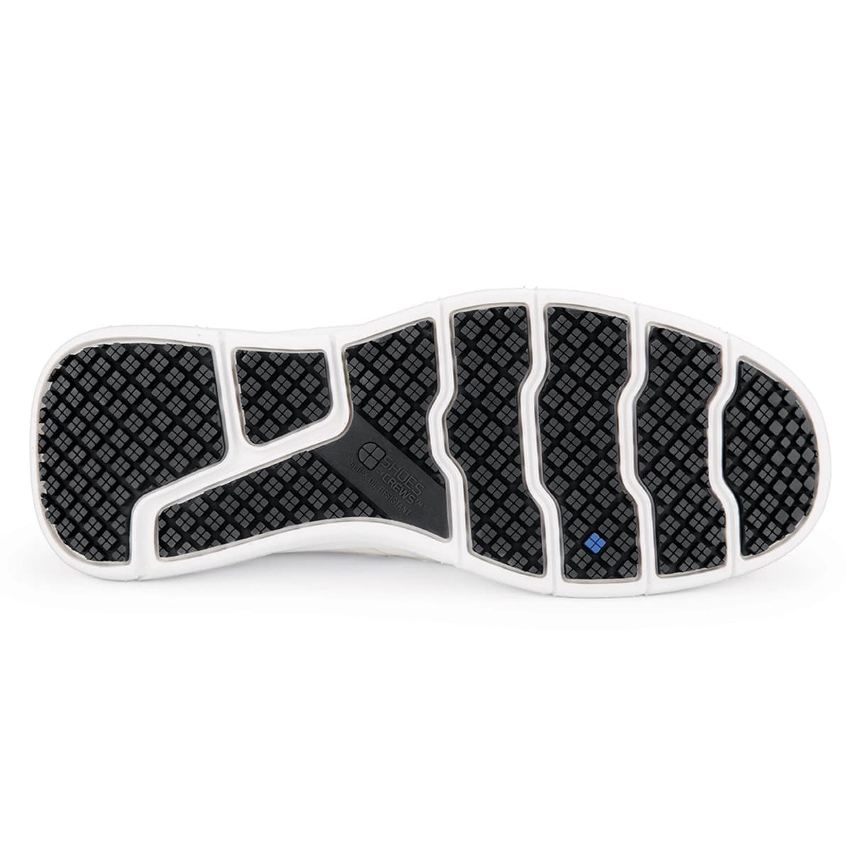 The Karina Black by Lila from Shoes For Crews are black slip-resistant trainers that are lightweight and have Flex Tread technology, seen from below.