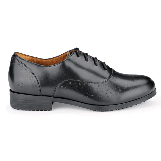 The Kora from Shoes For Crews are slip-resistant dress shoes, seen from the right.