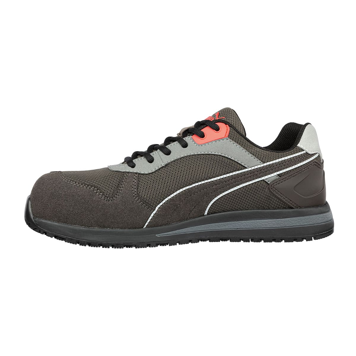 The Frontside Ivy Low from Puma Safety X Shoes For Crews are slip-resistant safety shoes with a clog-resistant outsole and composite-fiberglass toe cap, seen from the left.