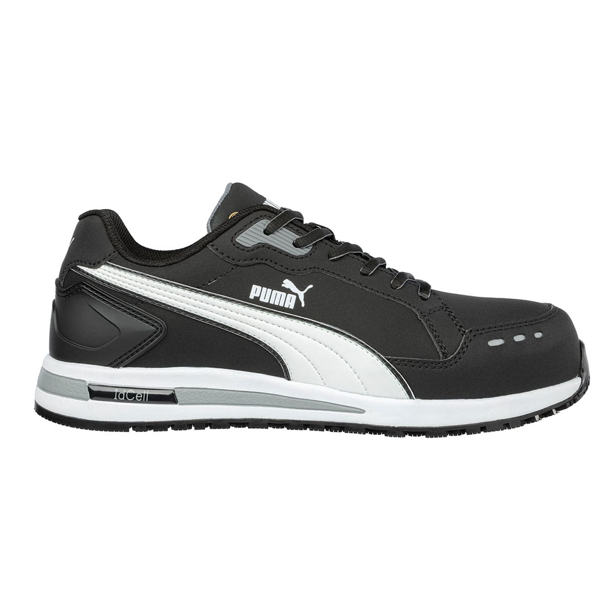 Black slip resistant shoe with composite toe cap (200 joules), side view with Puma logo.