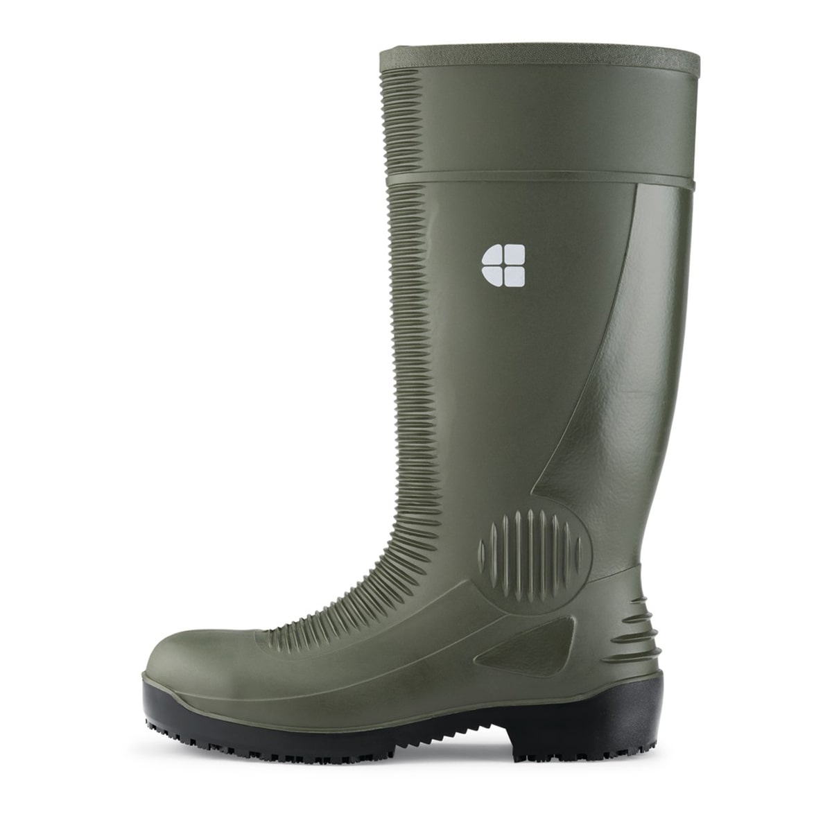 Slip resistant green wellington boot with steel toe cap (200 Joules) and water resistant upper, seen from the left.