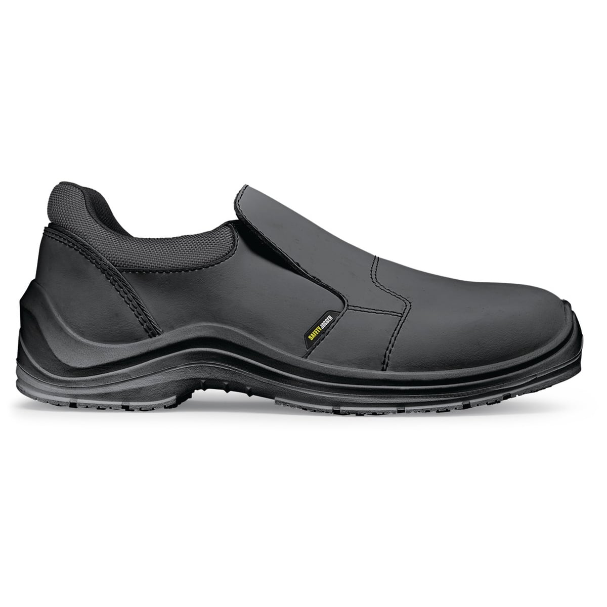 The Dolce81 from Shoes For Crews is a slip-resistant shoe with a waterproof, puncture-resistant upper and a steel toe cap, seen from the right.