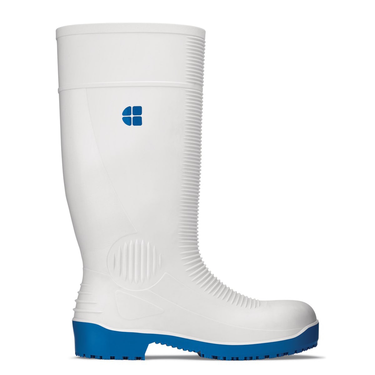 Slip-resistant white wellington boot with steel toe cap (200 Joules) and water-resistant upper, seen from the right.