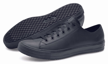 The Delray from Shoes For Crews is a lace-up shoe that has a slip-resistant upper sole with a tapered edge to prevent the risk of trips and falls, pair seen from the left and bottom.