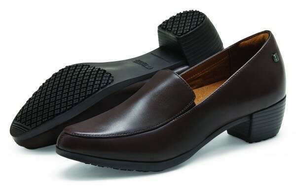 The Envy III Brown from Shoes For Crews is a slip-resistant shoe made with a durable, water-resistant leather upper, pair seen from the left and bottom.