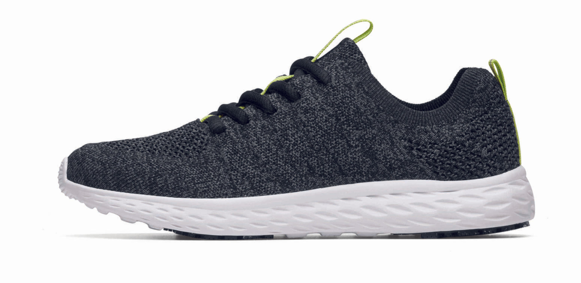 The Everlight™ ECO Womens Black/Grey from Shoes For Crews are lightweight, breathable slip-resistant trainers made from recycled materials, seen from the left.