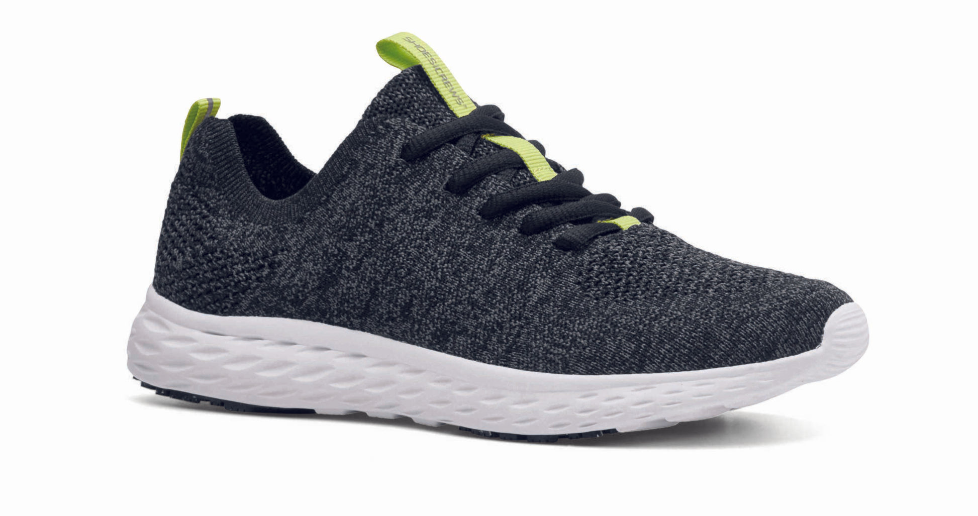 The Everlight™ ECO Womens Black/Grey from Shoes For Crews are lightweight, breathable slip-resistant trainers made from recycled materials, seen from the right profile.