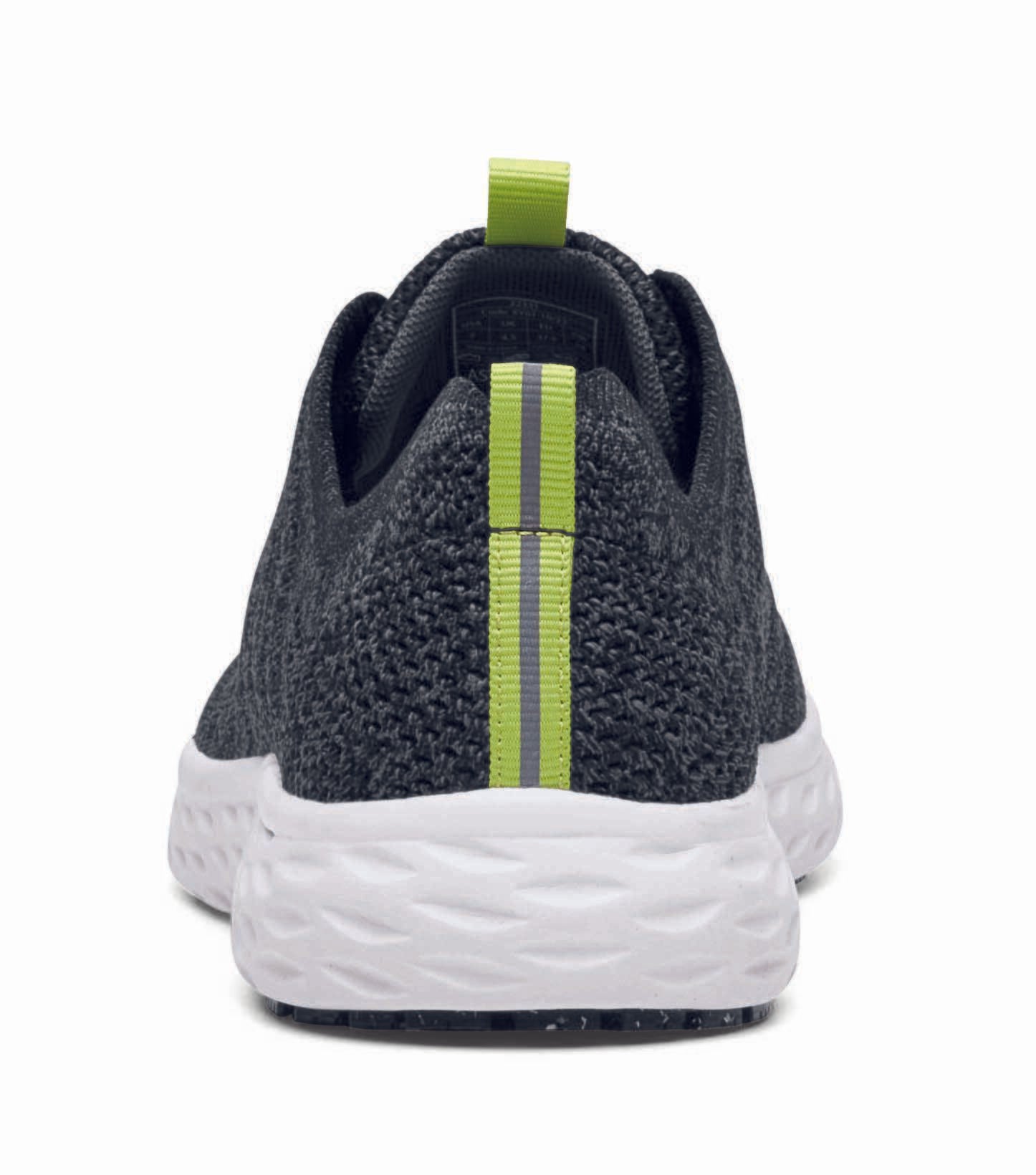 The Everlight™ ECO Womens Black/Grey from Shoes For Crews are lightweight, breathable slip-resistant trainers made from recycled materials, seen from the back.
