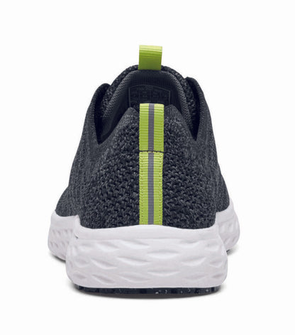 The Everlight™ ECO Womens Black/Grey from Shoes For Crews are lightweight, breathable slip-resistant trainers made from recycled materials, seen from the back.