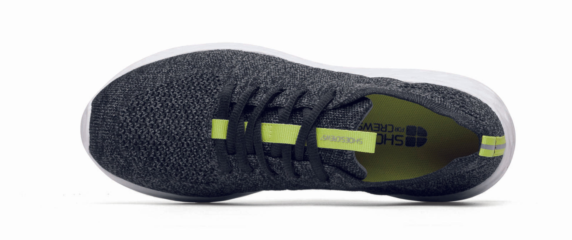 The Everlight™ ECO Womens Black/Grey from Shoes For Crews are lightweight, breathable slip-resistant trainers made from recycled materials, seen from above.