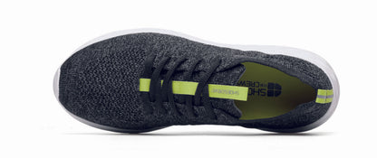 The Everlight™ ECO Womens Black/Grey from Shoes For Crews are lightweight, breathable slip-resistant trainers made from recycled materials, seen from above.