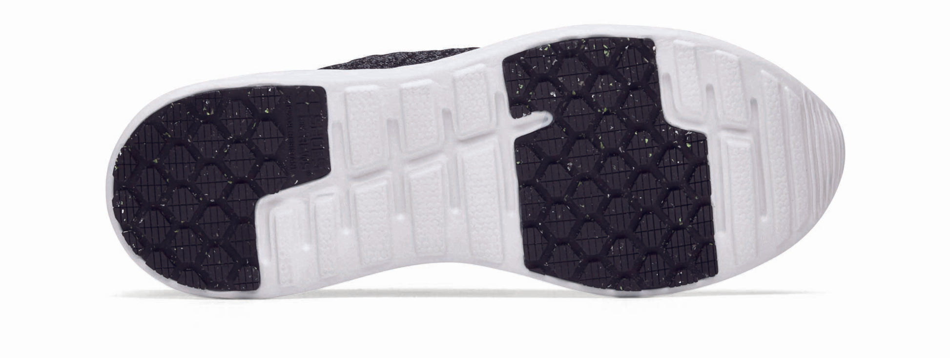 The Everlight™ ECO Womens Black/Grey from Shoes For Crews are lightweight, breathable slip-resistant trainers made from recycled materials,  seen from below.