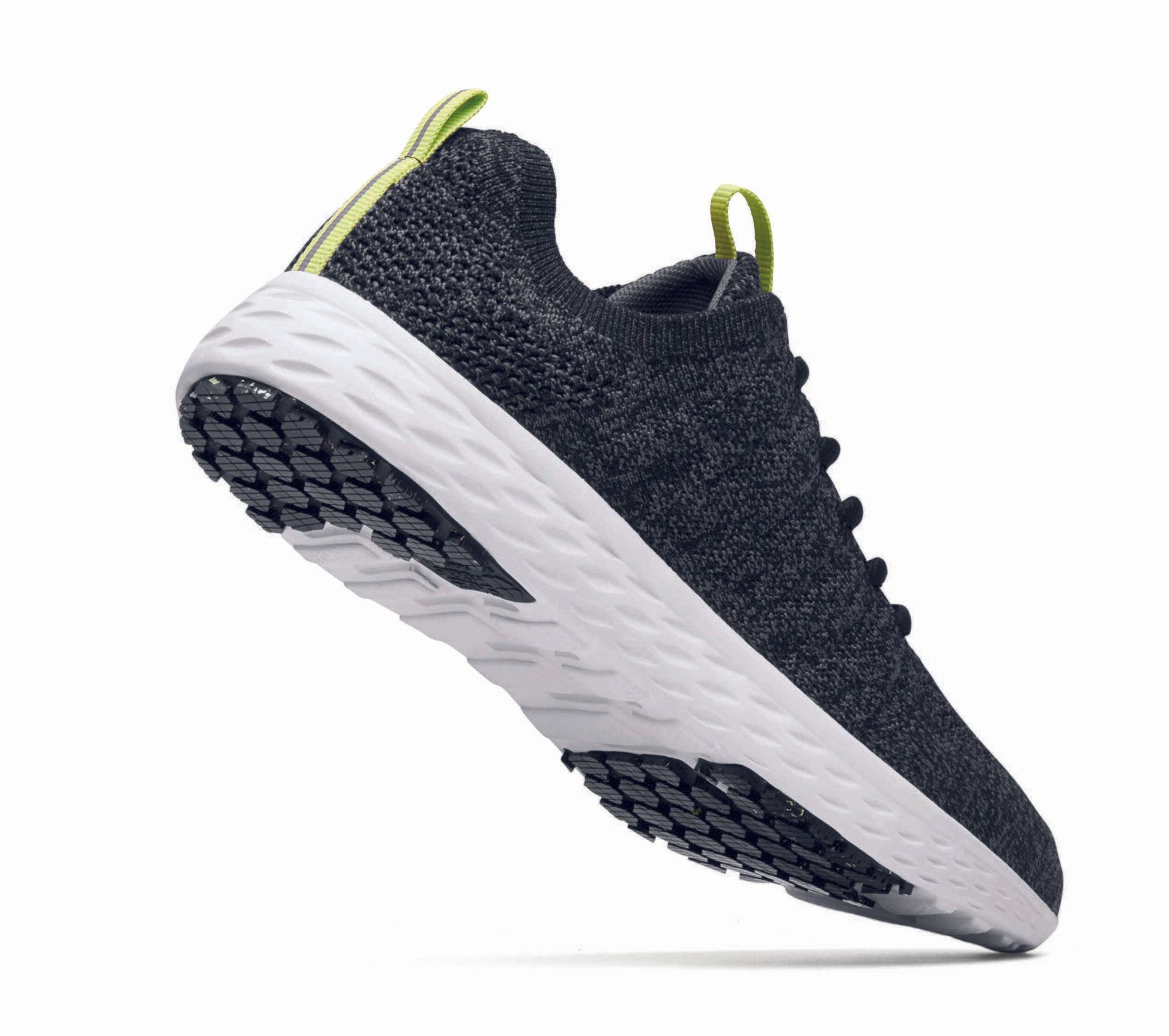 The Everlight™ ECO Womens Black/Grey from Shoes For Crews are lightweight, breathable slip-resistant trainers made from recycled materials,  seen from the perpendicular.