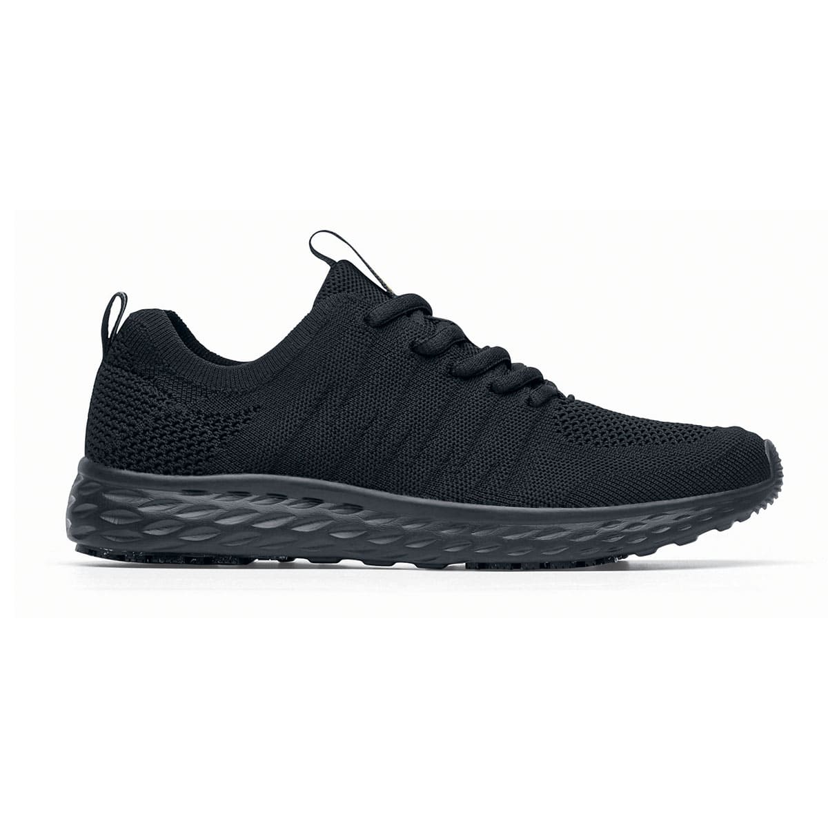 The Everlight™ Everlight Eco Women's Black from Shoes For Crews are lightweight and breathable slip-resistant trainers made from recycled materials, seen from the right.