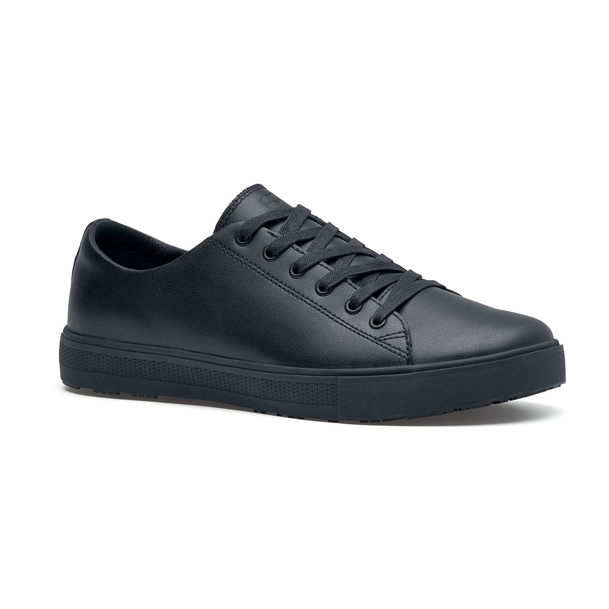The Old School Low-Rider Black Gladiator Outsole from Shoes For Crews is a slip resistant lace-up shoe designed to provide comfort throughout the day, seen from the right profile.